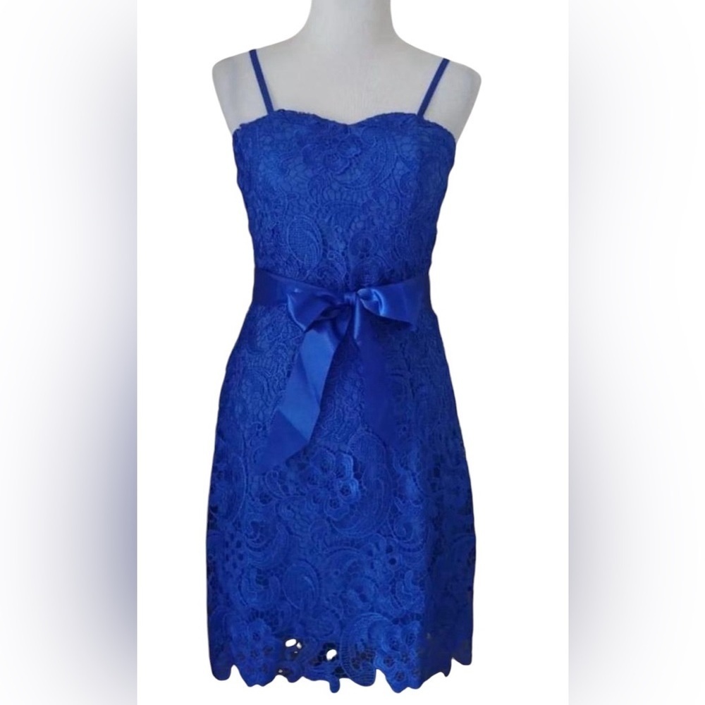 Fashionomics ModCloth NEW Electric Blue Lace Mini Dress with Ribbon Sash Medium